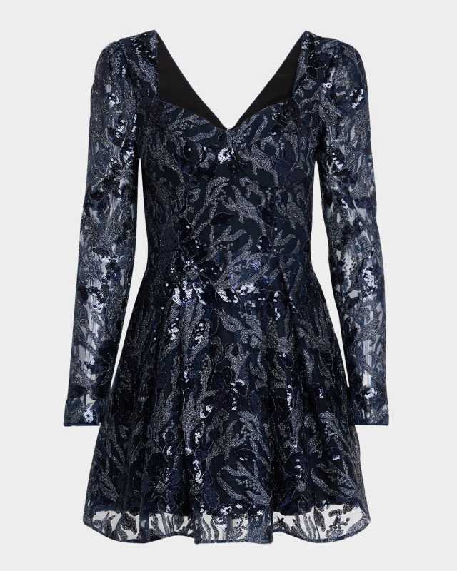 Dora Pleated Sequin Floral Applique Mini Dress
